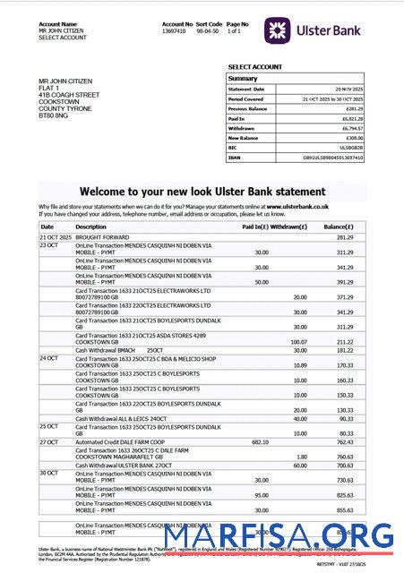 Blank UK Ulster bank statement word example